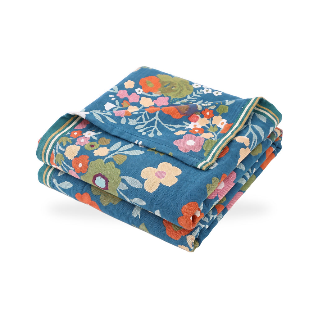 Wildflower Meadow Cotton Blanket with Striped Border