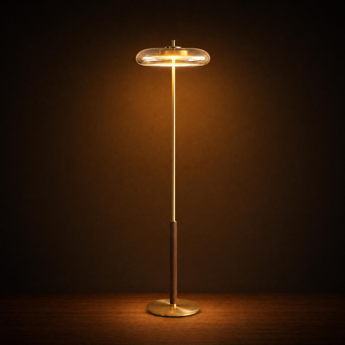 Glass Disc Brass & Walnut Floor Lamp