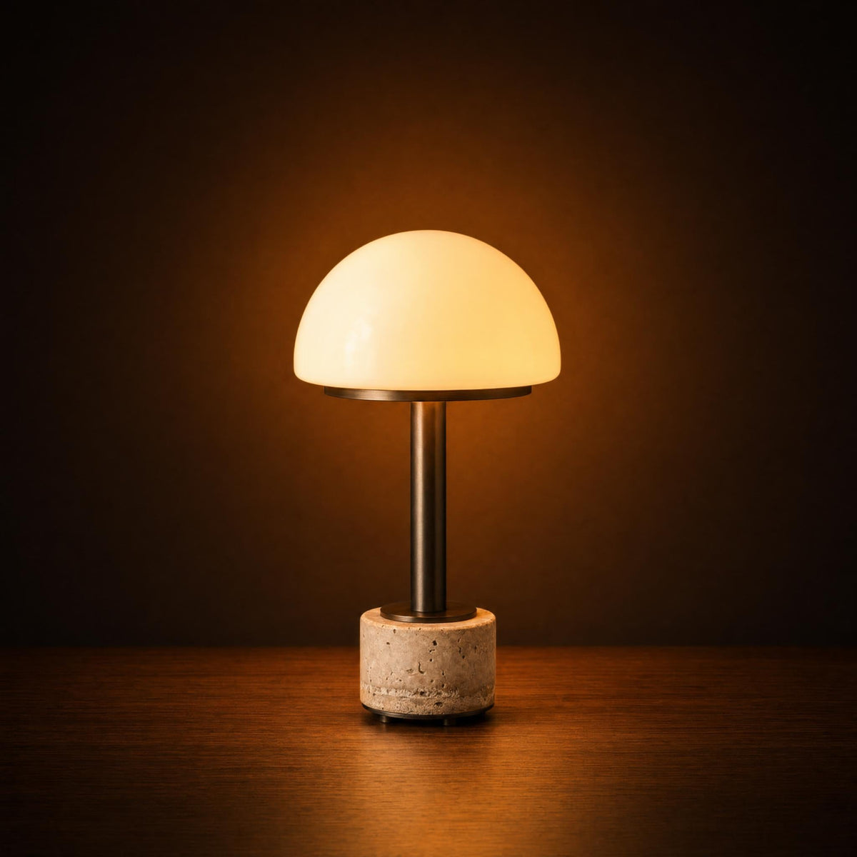 Cordless Travertine & Opal Dome Table Lamp