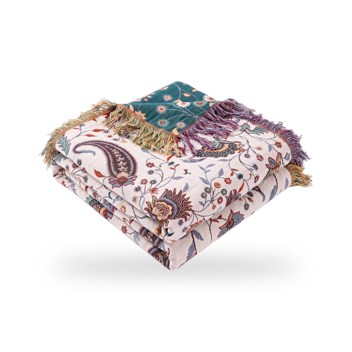 Traditional Paisley Floral Reversible Cotton Blanket with Tassels