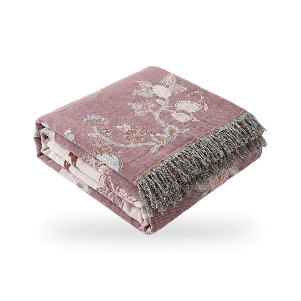 Trailing Orchid Jacquard Cotton Bed Blanket with Tassels