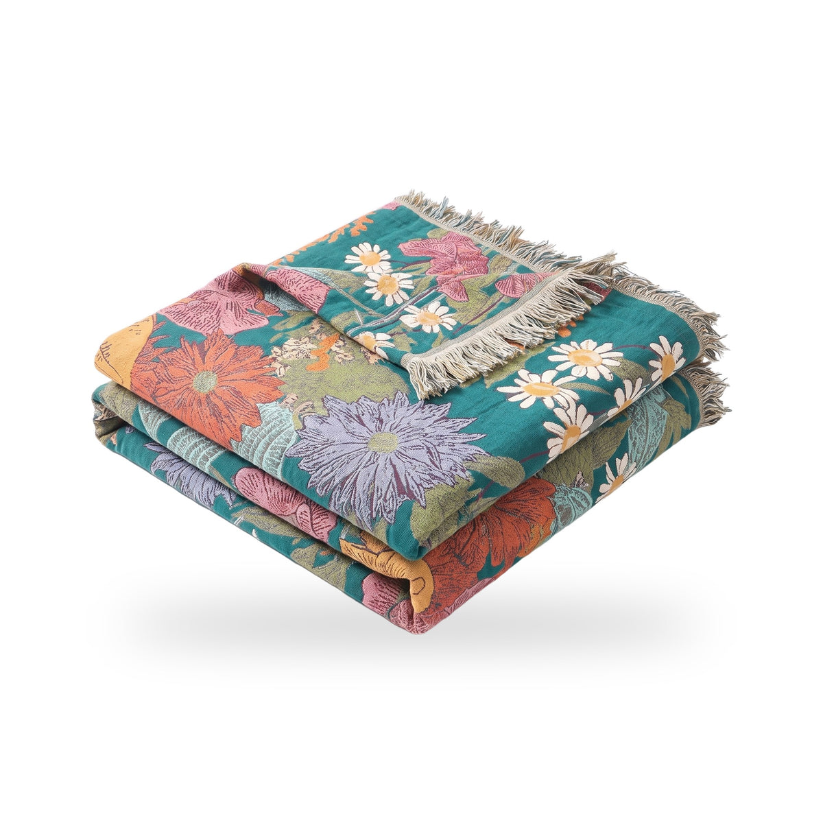 Floral Patchwork Cotton Blanket with Tassels
