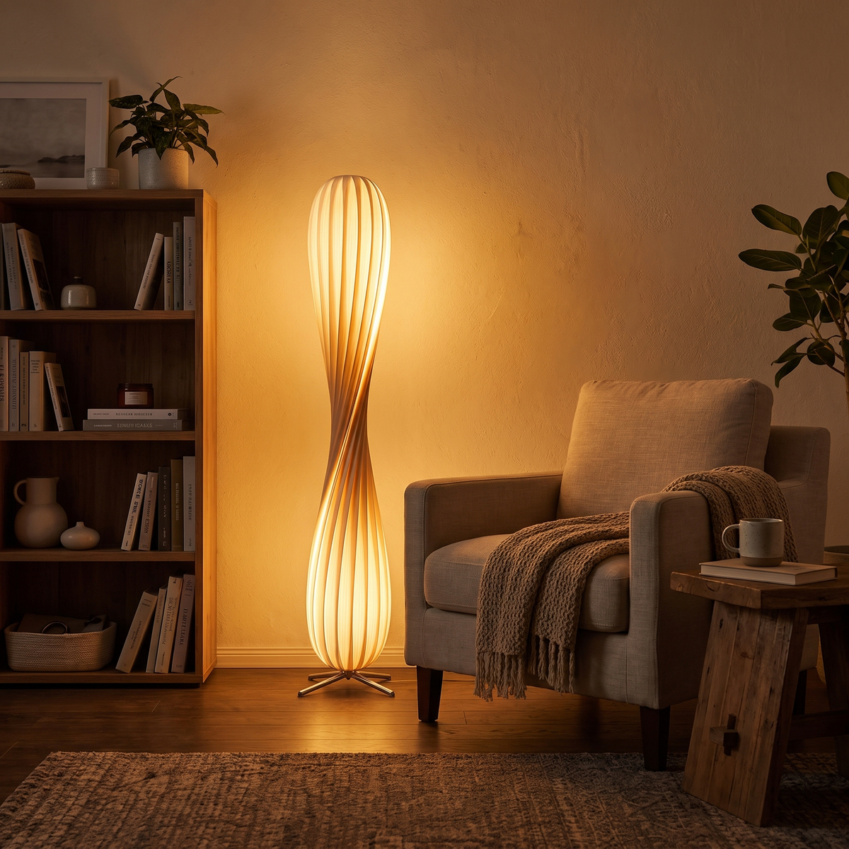 Aven floor lamp lit in the evening