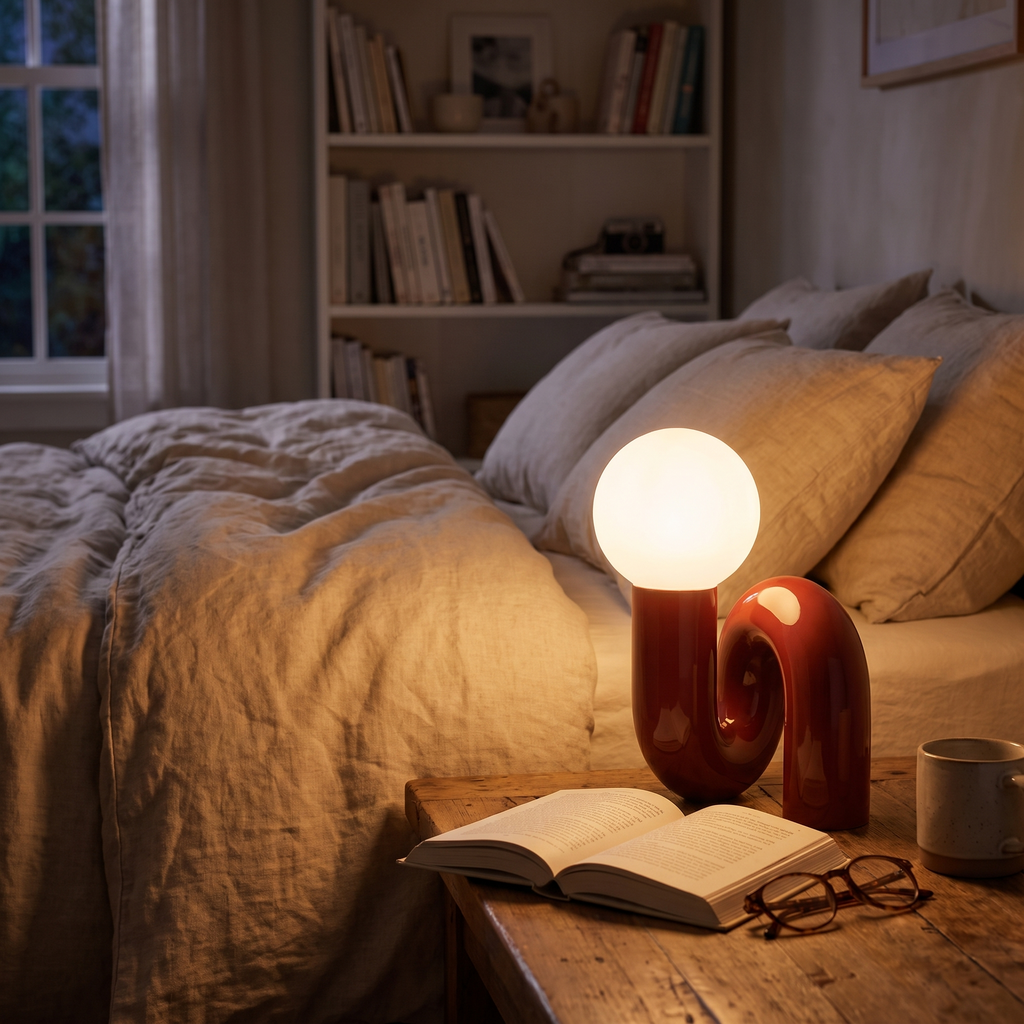 Loop table lamp lit in the evening