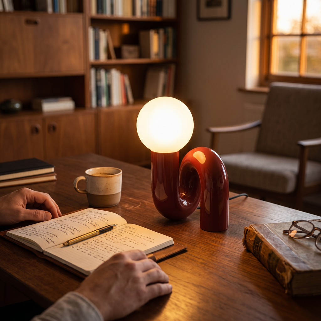 Loop table lamp in a lived-in home setting