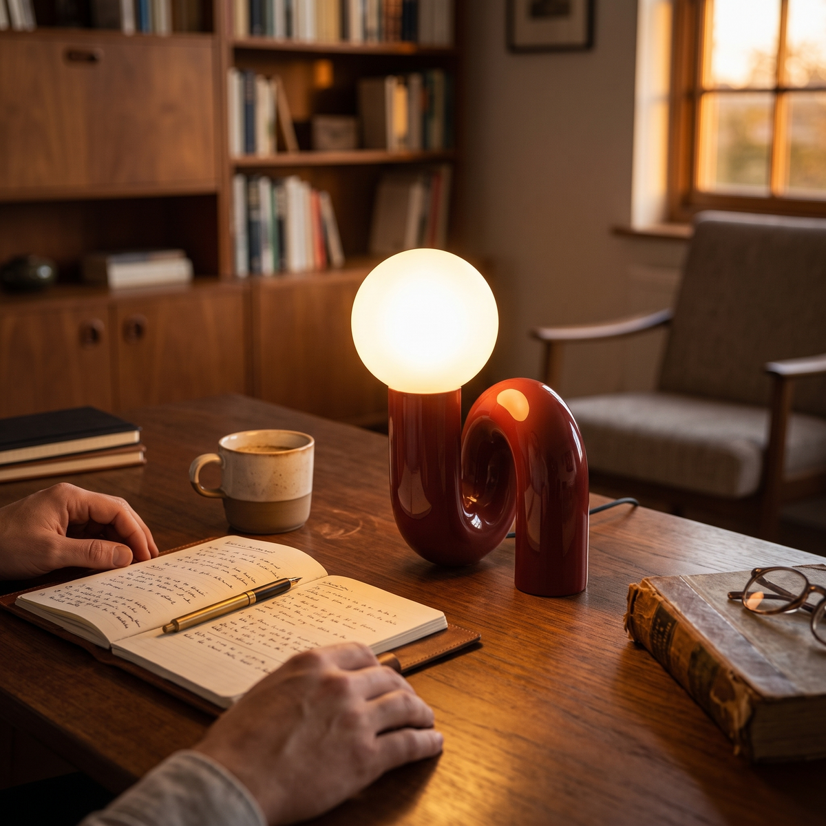Loop table lamp in a lived-in home setting