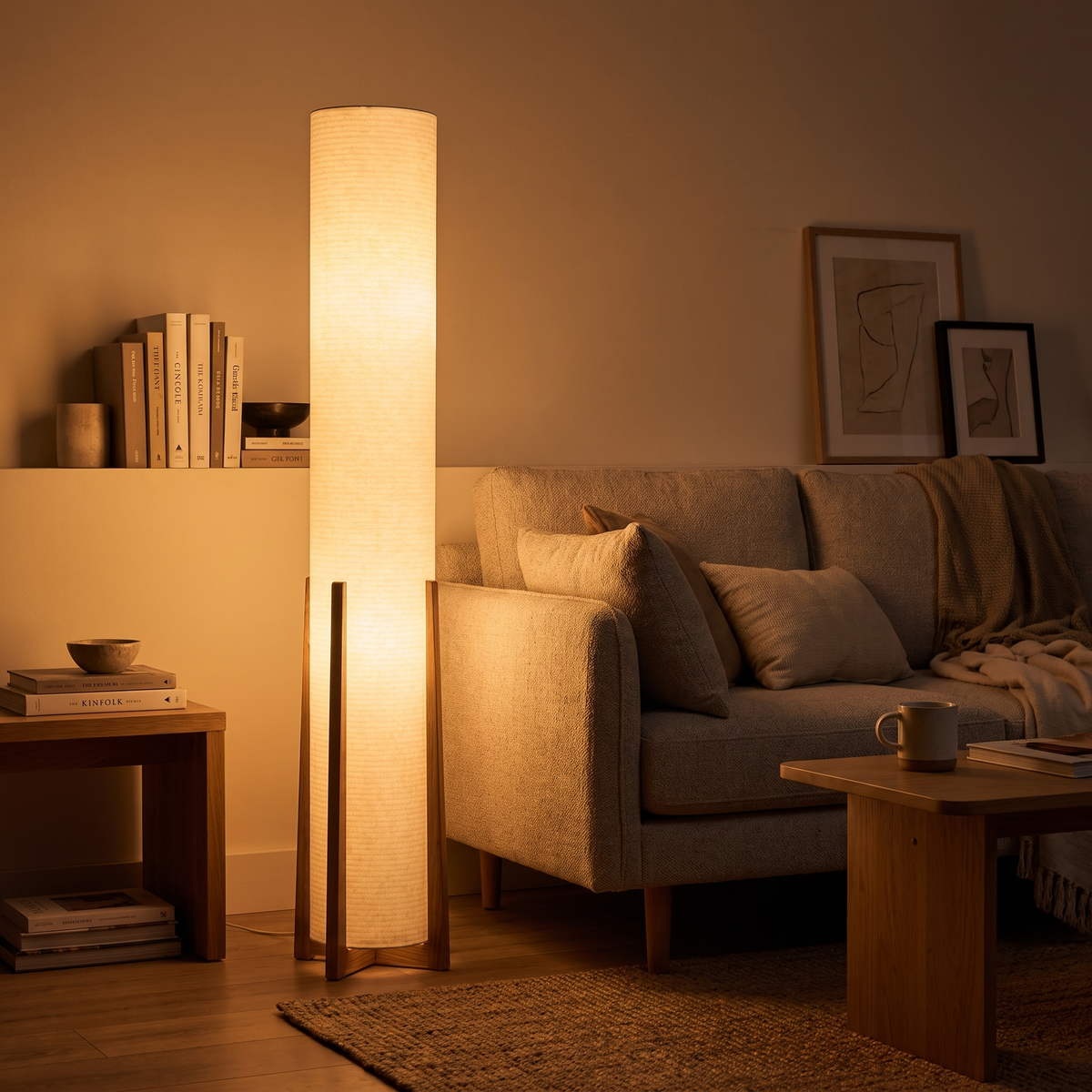 Aspen floor lamp lit in the evening