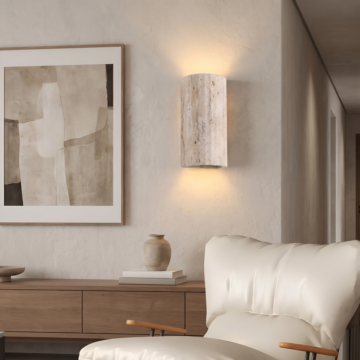 Natural stone sconce in a hallway