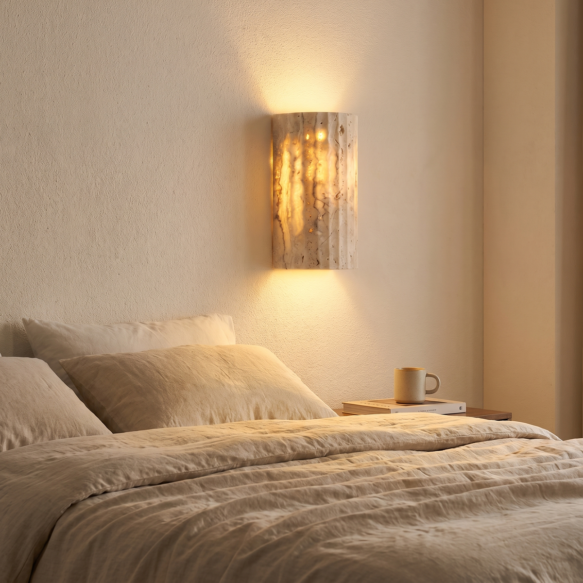 Natural stone sconce glowing beside a bed