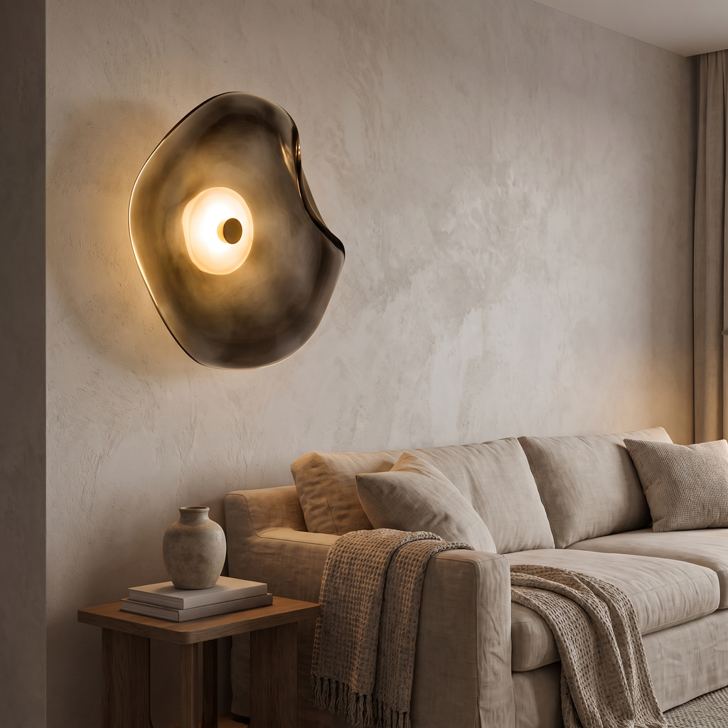 Tinted glass sconce beside a sofa