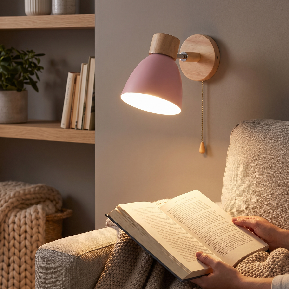 Pull-chain sconce lighting a reading nook