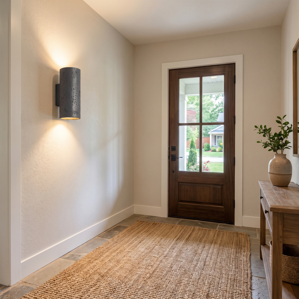 Cylinder sconce beside an entry door