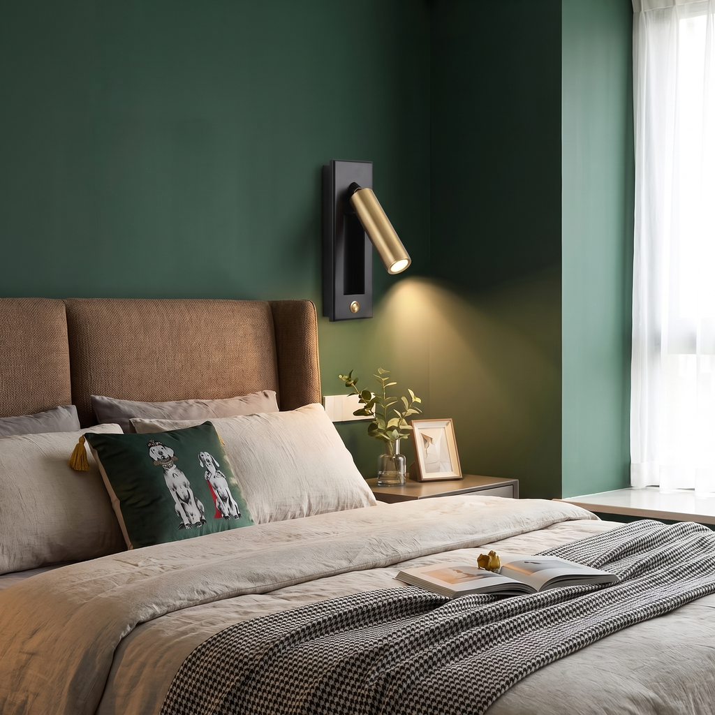 Recessed reading light above a headboard