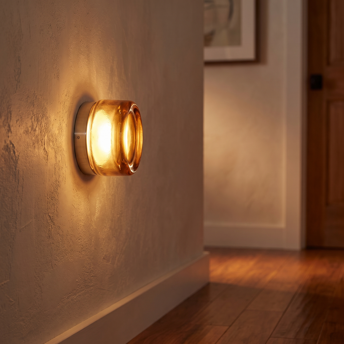 Dimpled glass sconce glowing in a hallway