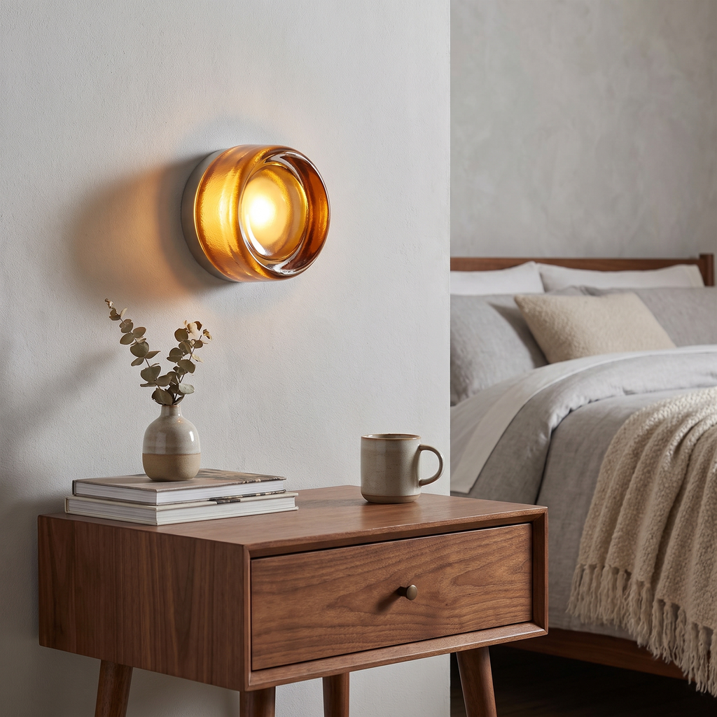 Dimpled glass sconce above a nightstand