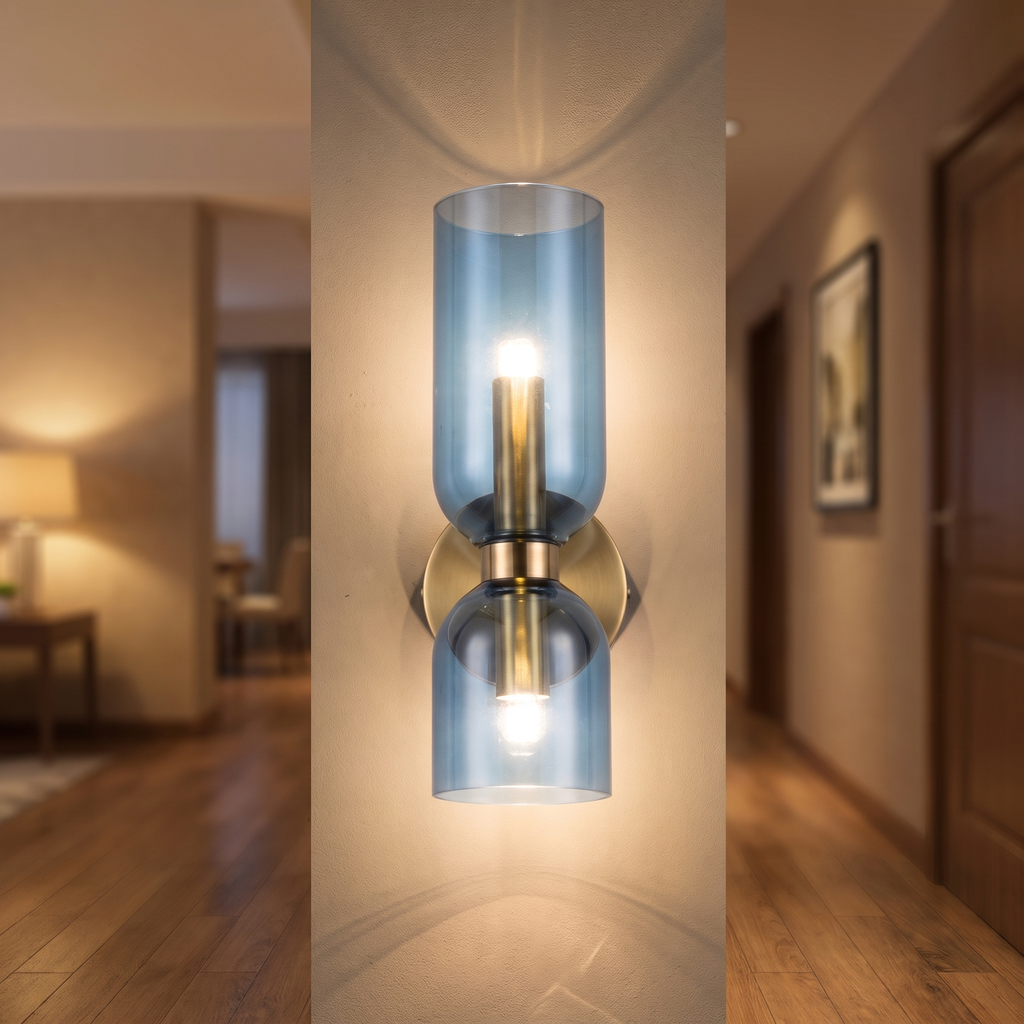 Vanity sconce glowing up and down in a hallway