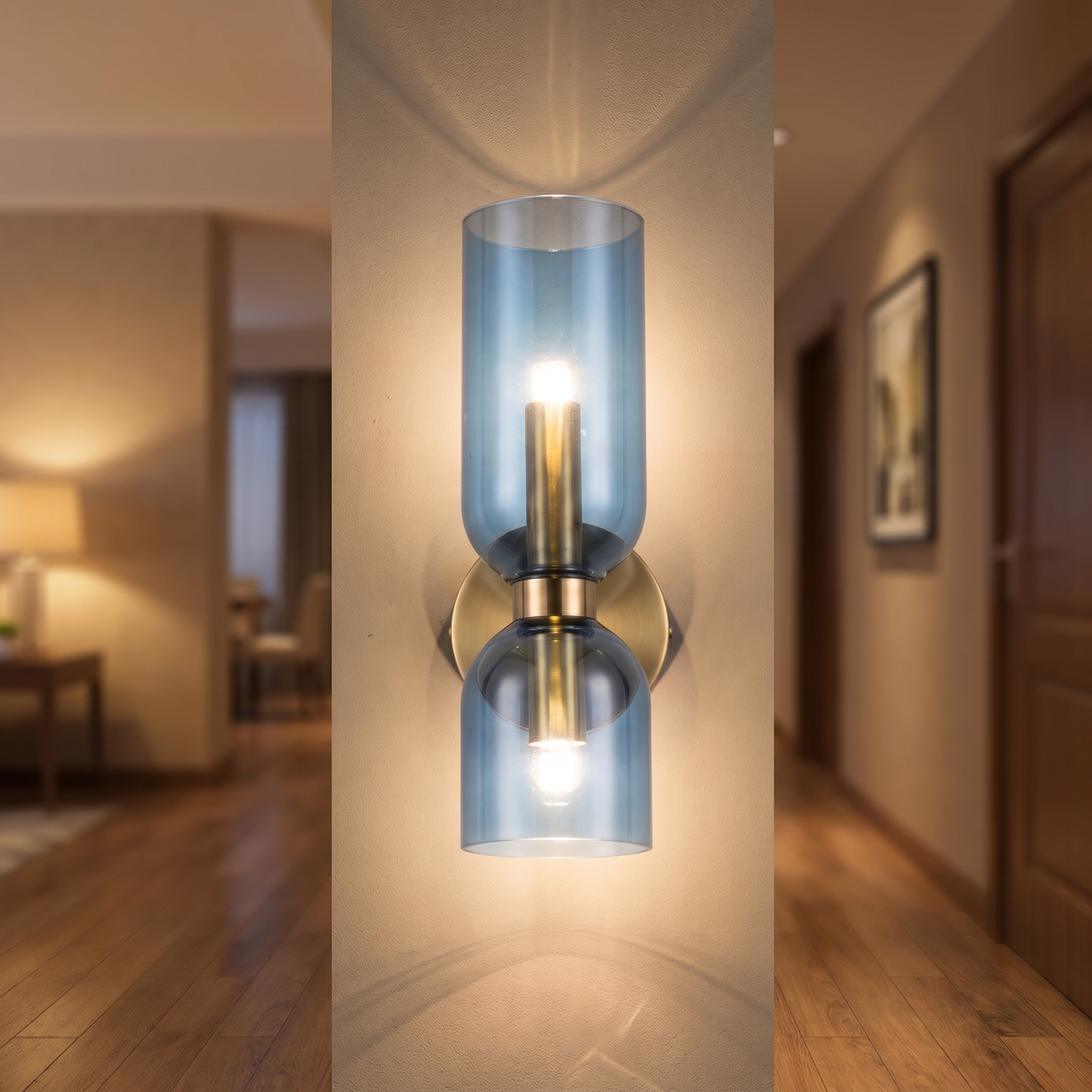 Vanity sconce glowing up and down in a hallway