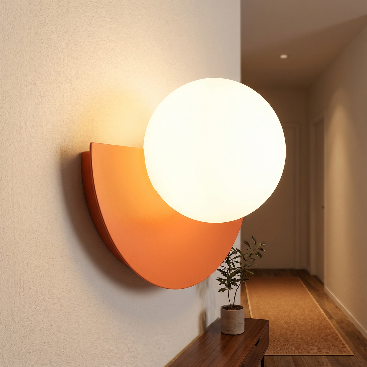 Crescent sconce glowing in a hallway
