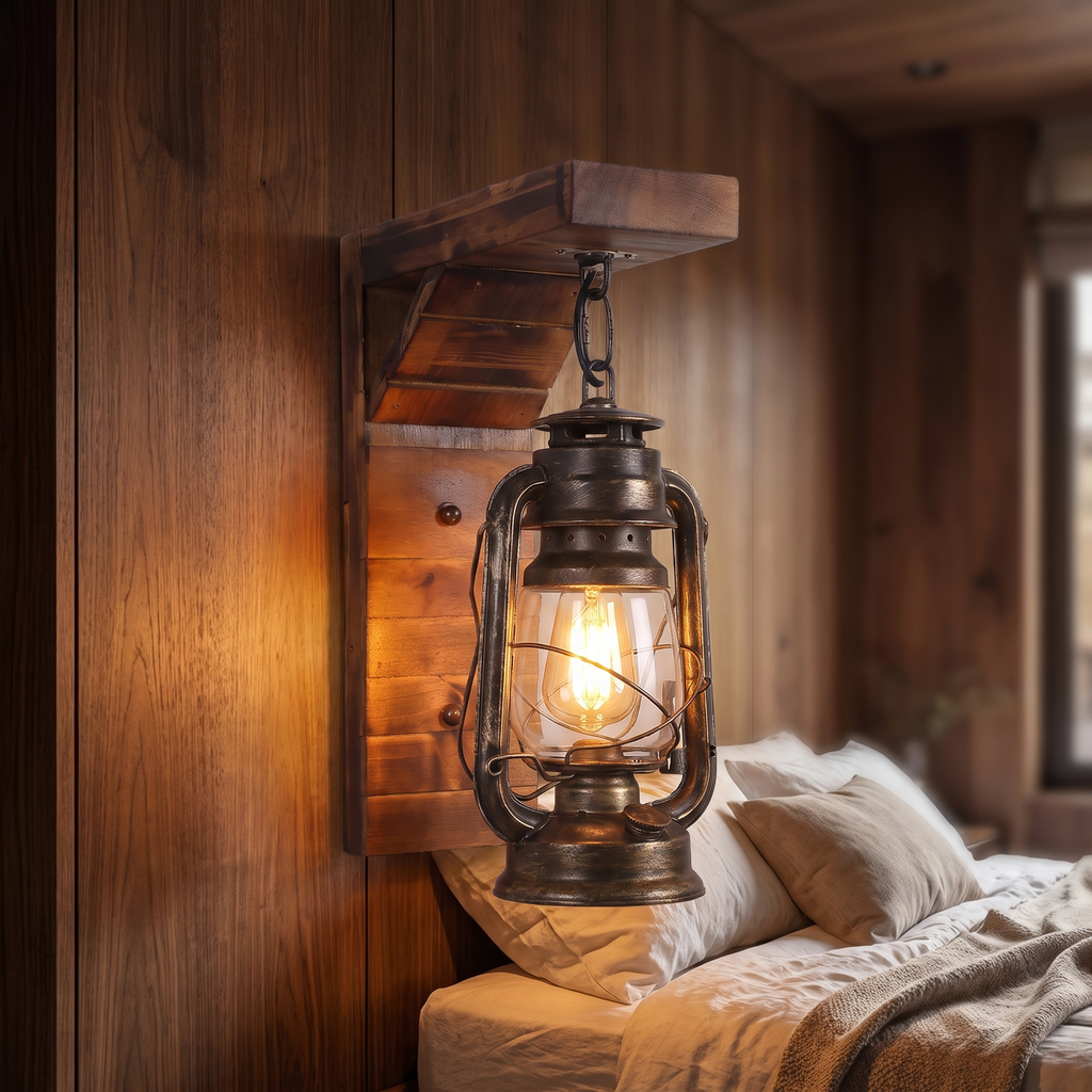 Rustic lantern glowing on a wood-paneled wall