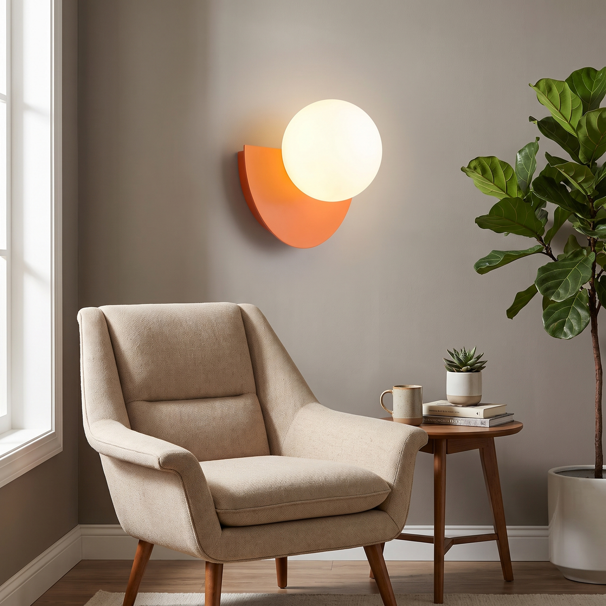 Crescent sconce beside a lounge chair