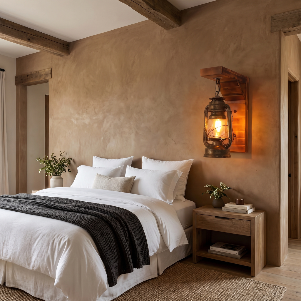 Rustic lantern sconce beside a bed