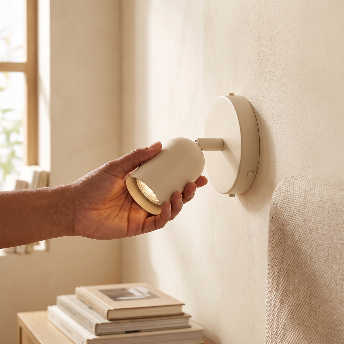 Hand rotating the lamp head