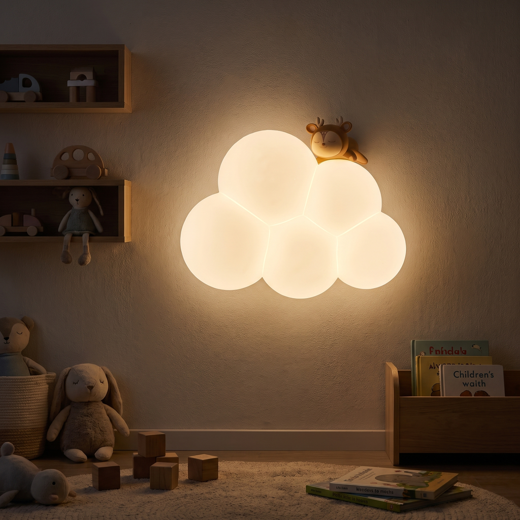 Cloud lamp glowing in a dim playroom