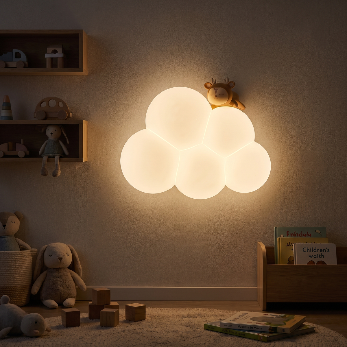Cloud lamp glowing in a dim playroom
