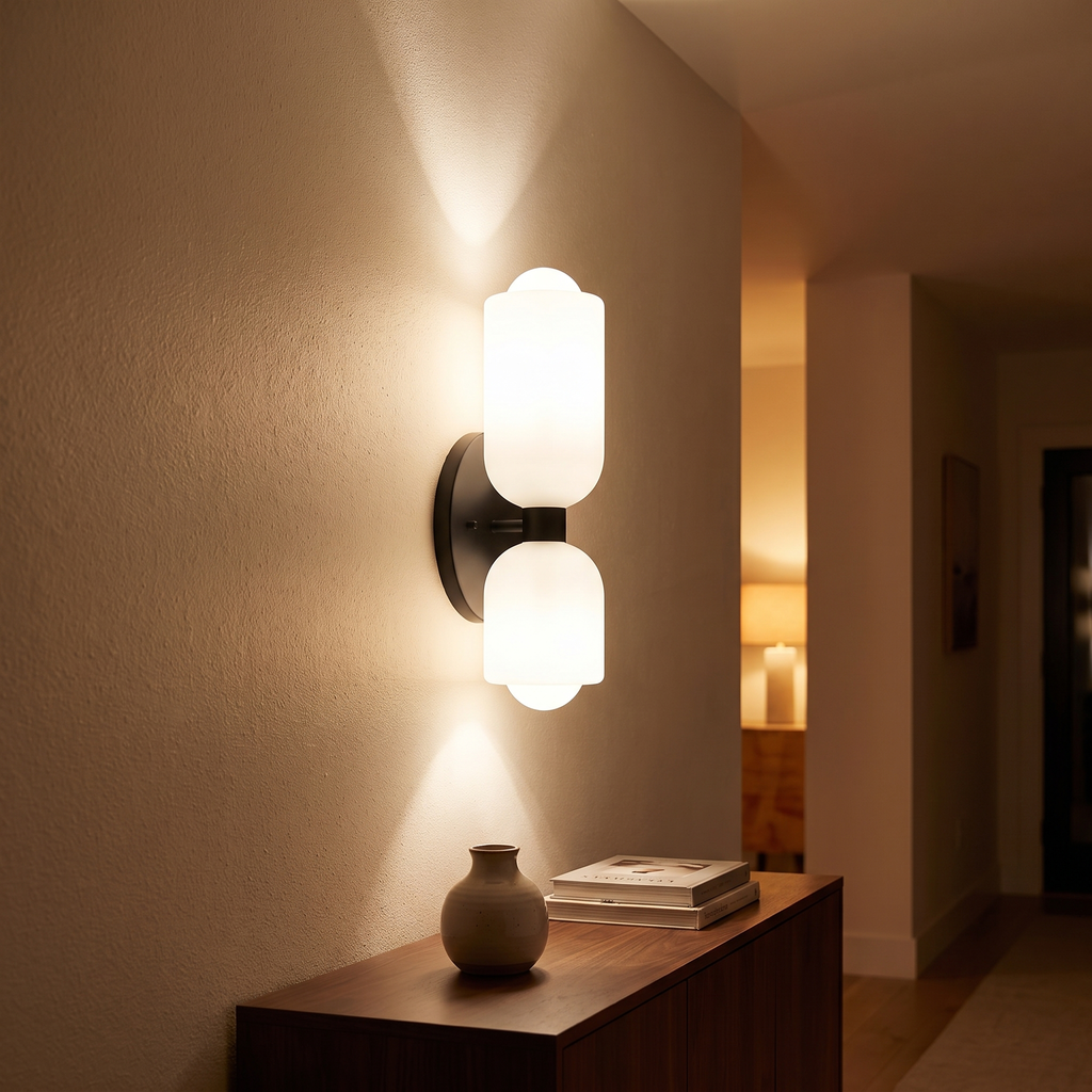 Double sconce washing light up and down a hallway wall