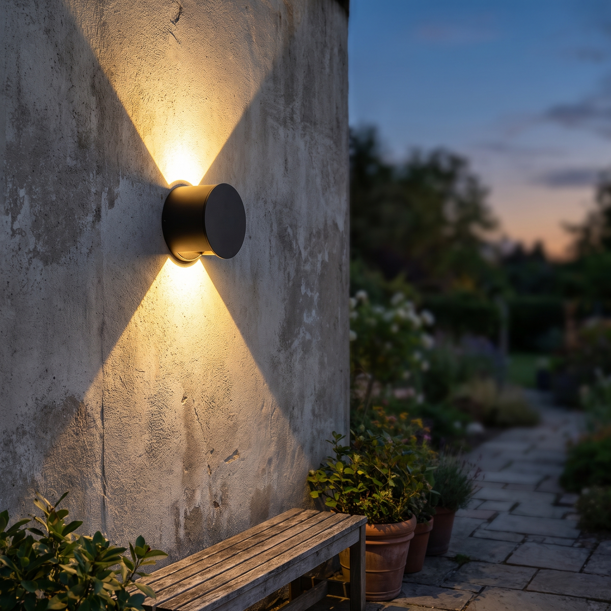 Outdoor light glowing on a patio at dusk