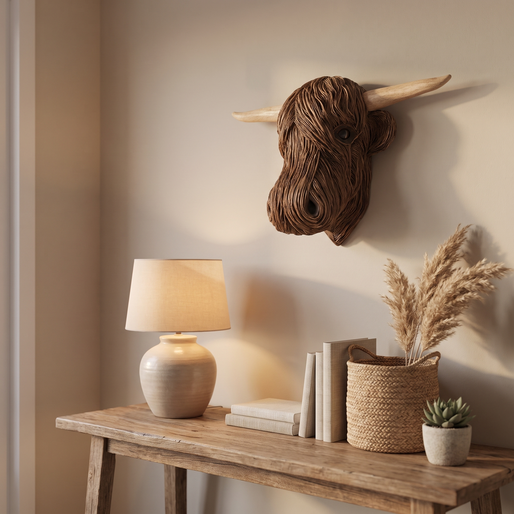 Rustic Highland Cow Head Wall Decor styled at home