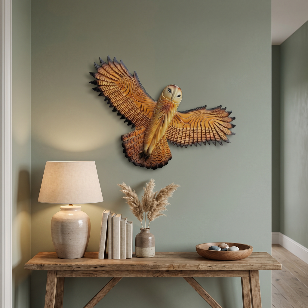 Carved Wood Barn Owl Wall Art styled at home