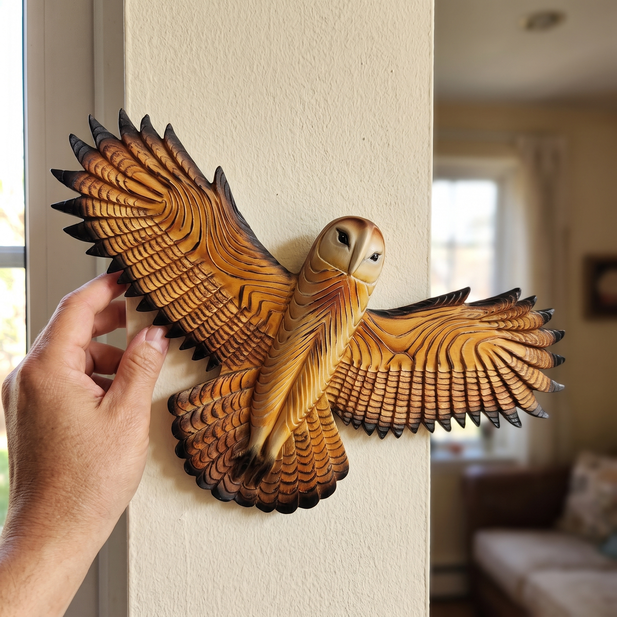 Carved Wood Barn Owl Wall Art detail