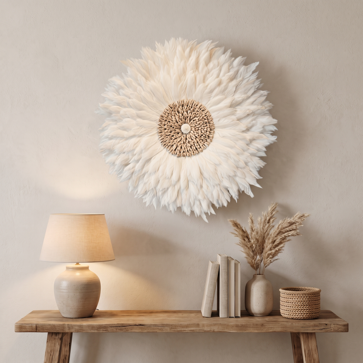 White Feather Juju Hat Wall Decor styled at home
