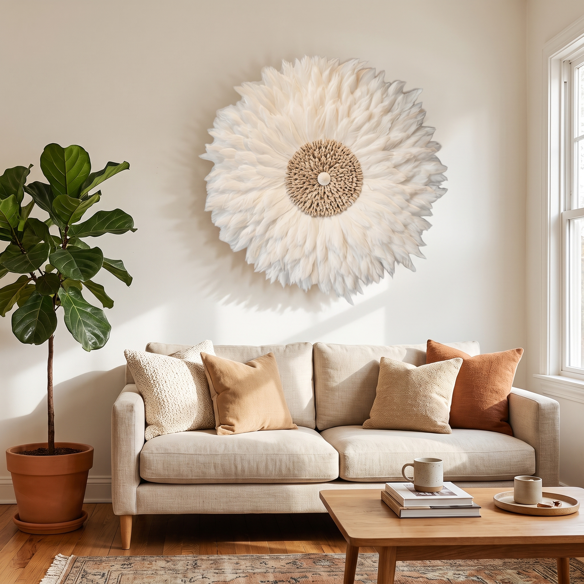 White Feather Juju Hat Wall Decor in a living space