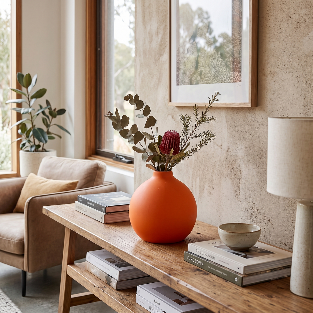 Glossy Round Ceramic Table Vase in a living space