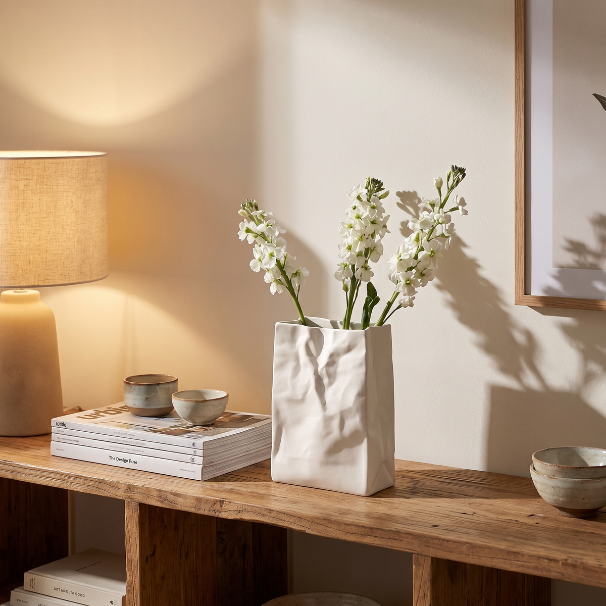 Crumpled Paper Bag Ceramic Vase styled at home
