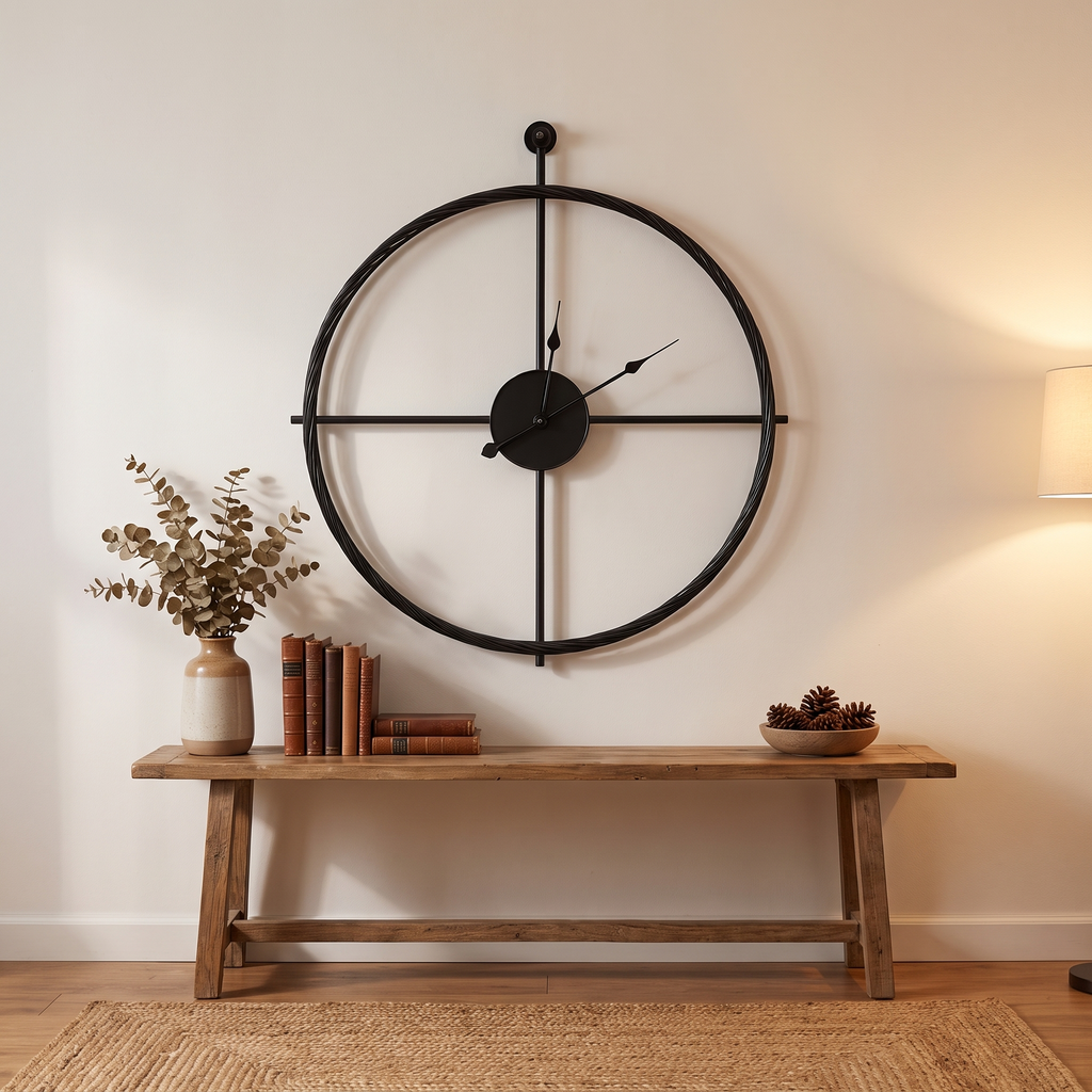 Oversized Open-Frame Silent Wall Clock styled at home