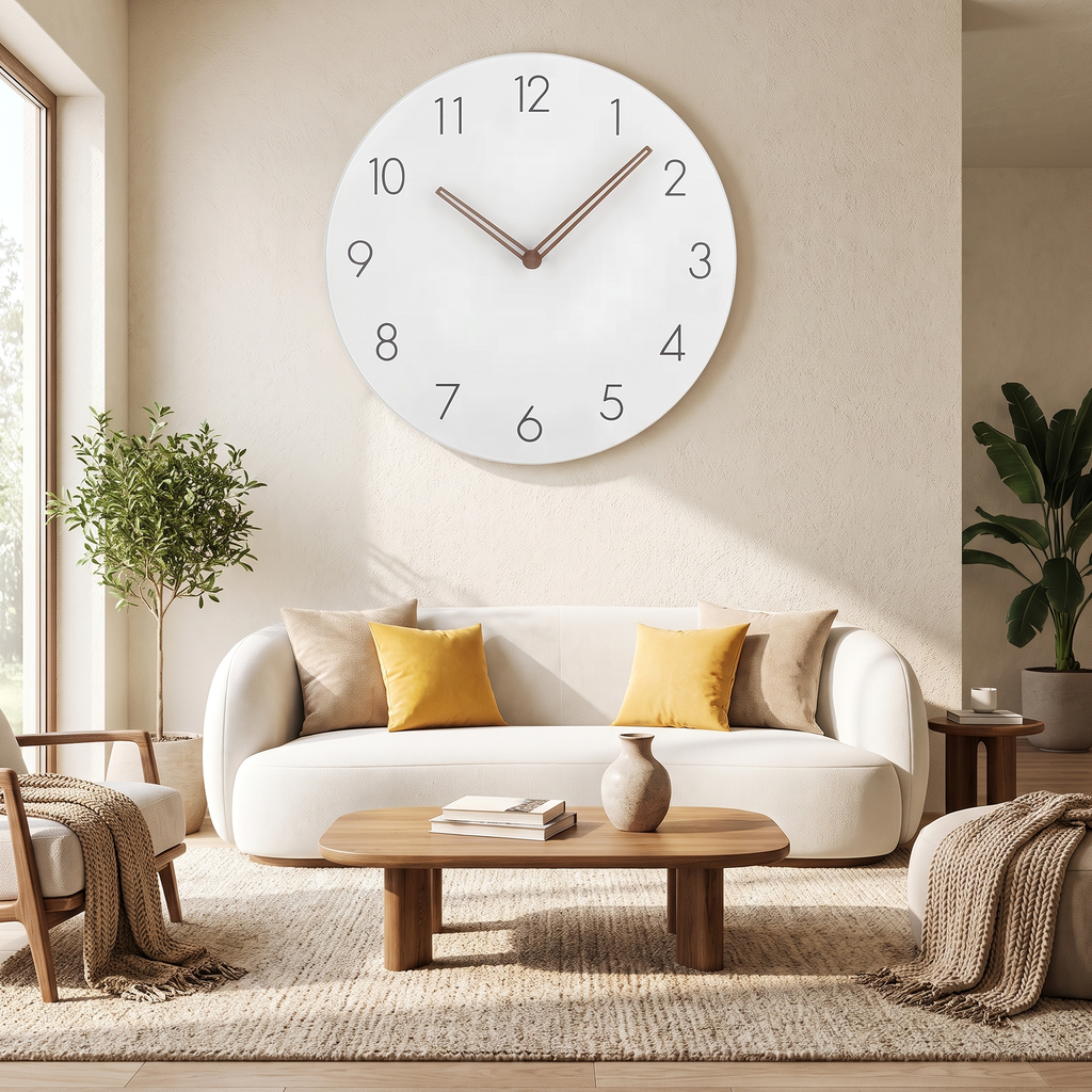 Mid-Century Round Wall Clock with Wood Hands in a living space