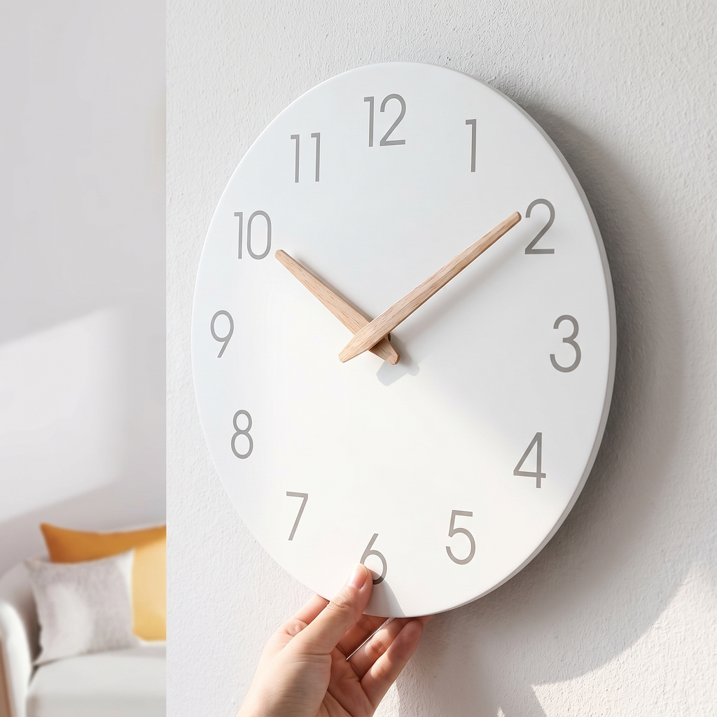 Mid-Century Round Wall Clock with Wood Hands detail