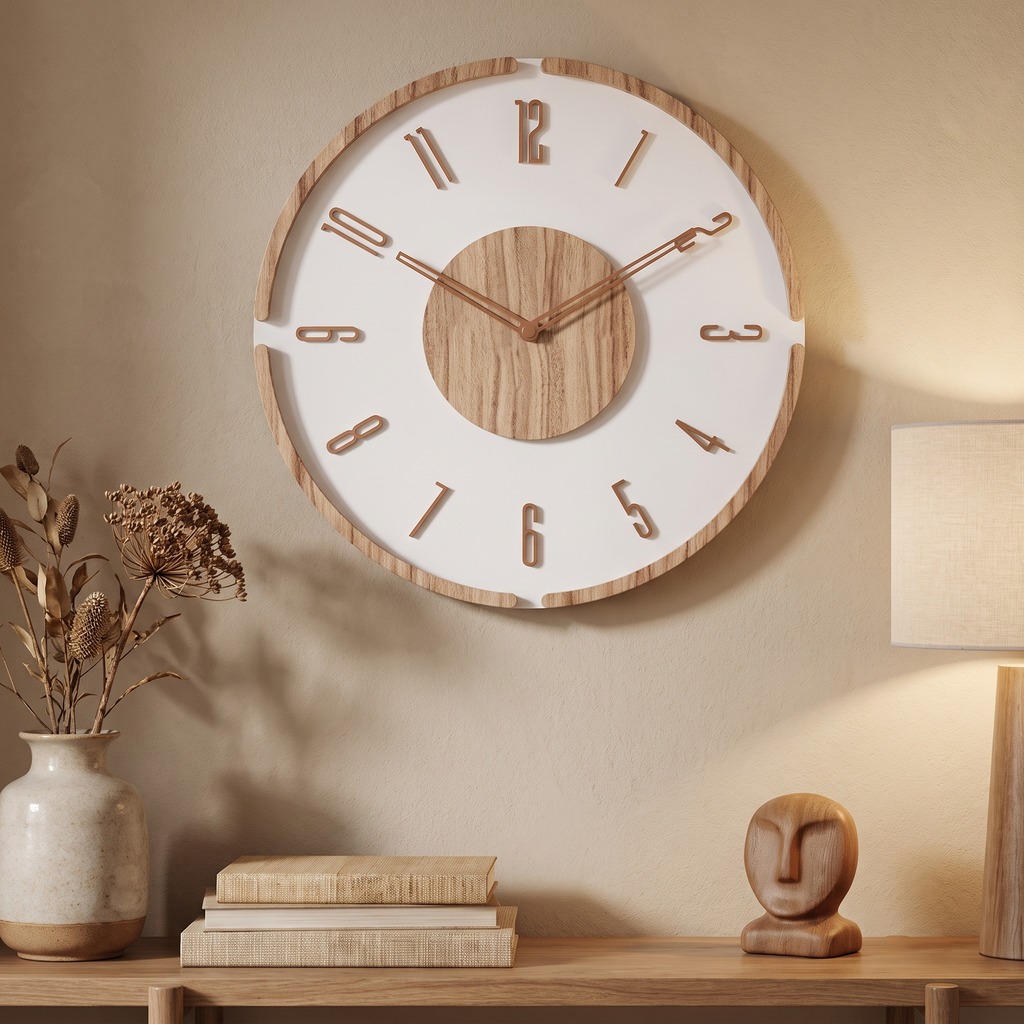 Mid-Century Wood-Texture Nordic Wall Clock styled at home