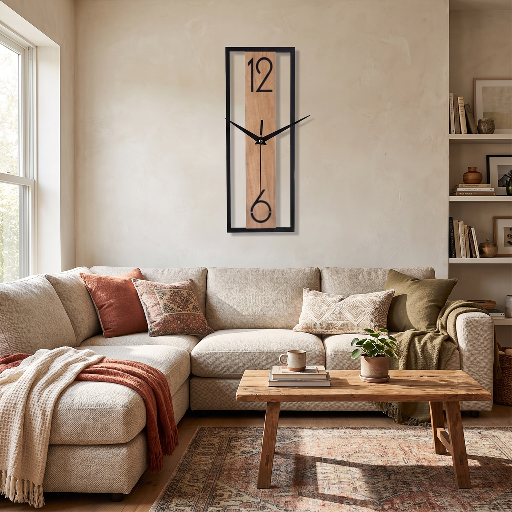 Slim Vertical Open-Frame Wall Clock in a living space