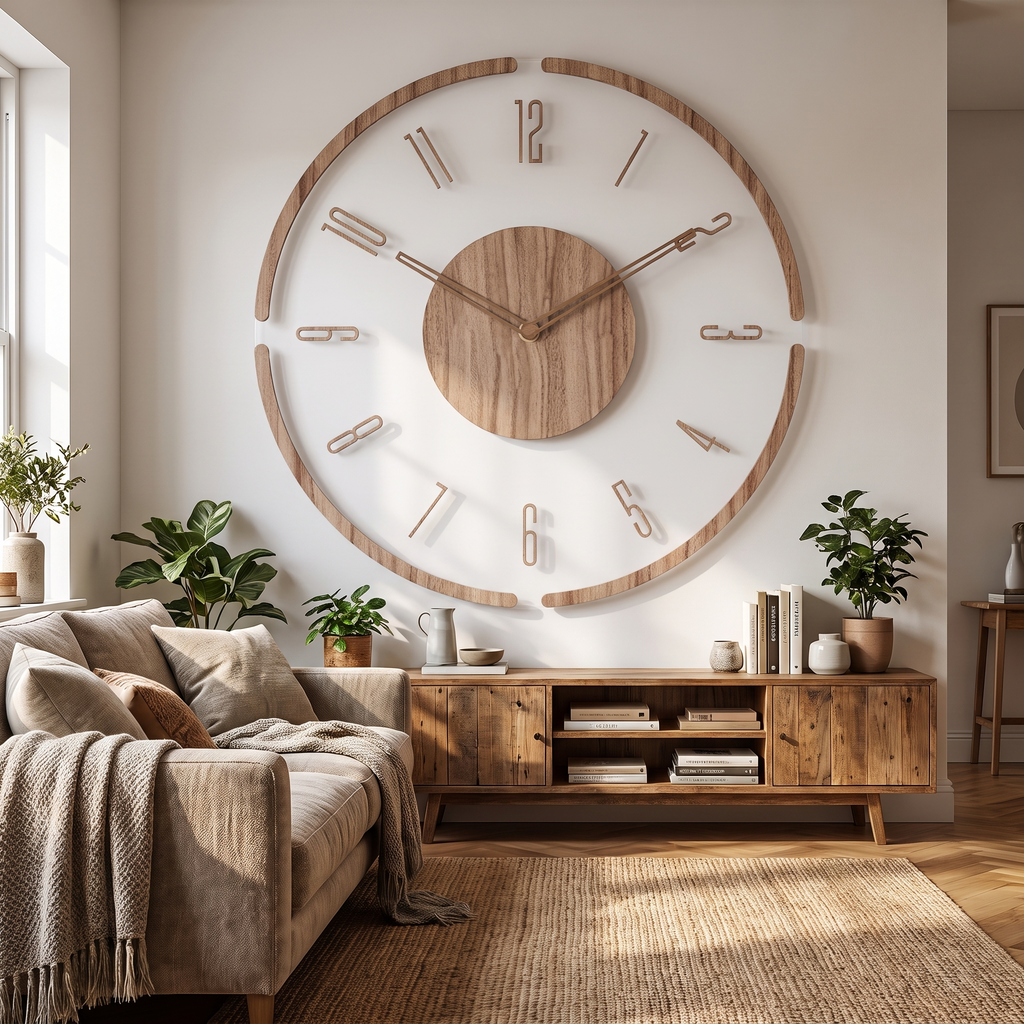 Mid-Century Wood-Texture Nordic Wall Clock in a living space