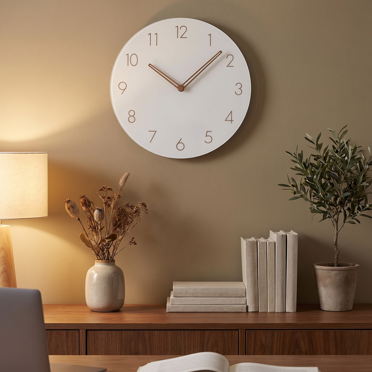 Mid-Century Round Wall Clock with Wood Hands styled at home