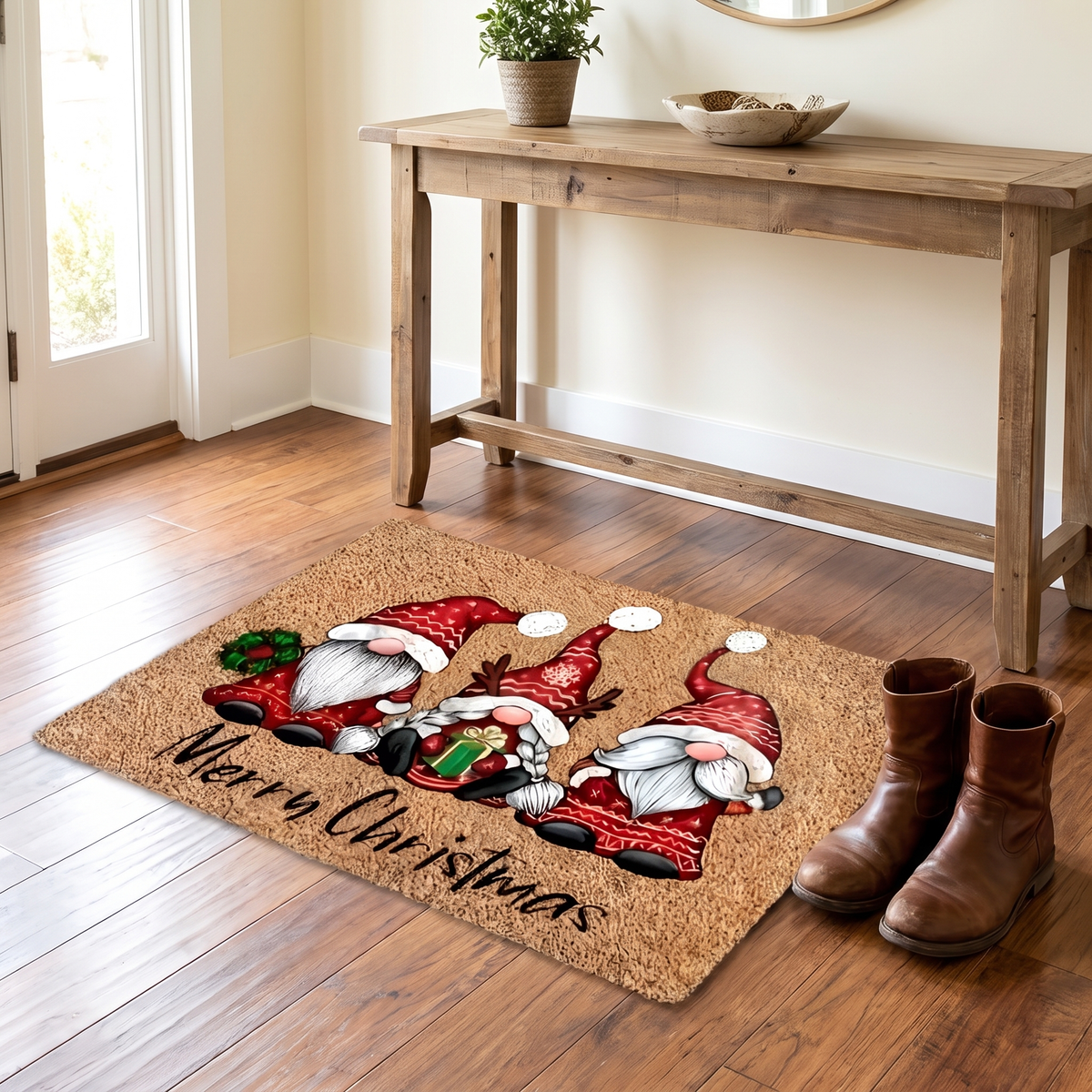Holiday Gnome Welcome Mat styled at home