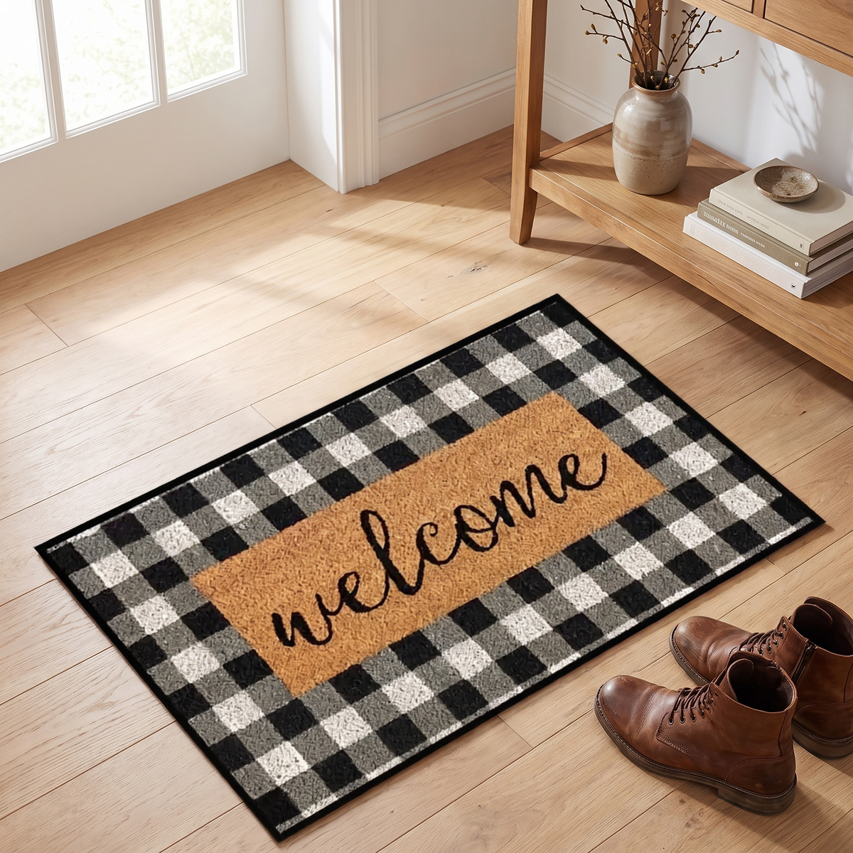 Buffalo Plaid Coir Welcome Mat styled at home