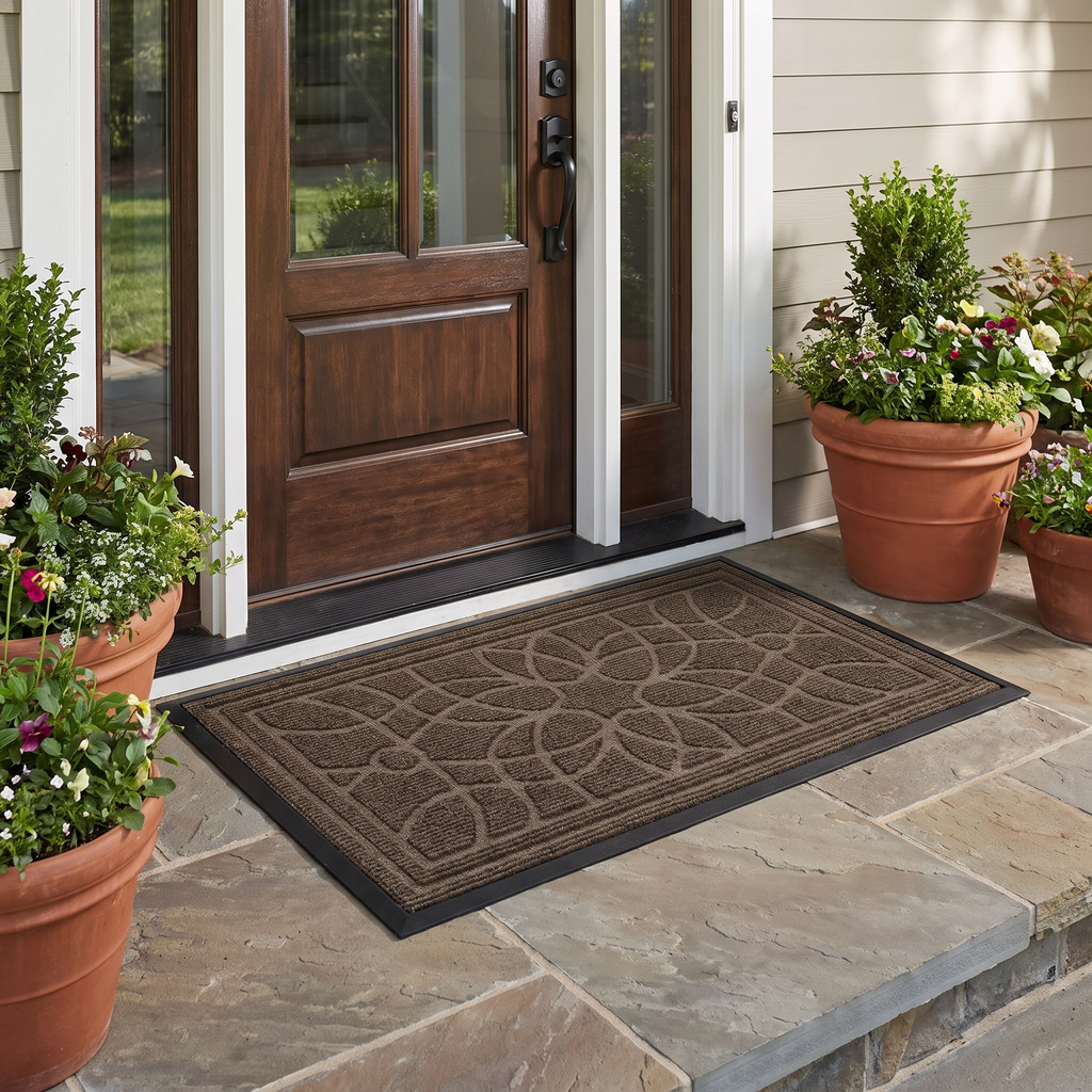 Mandala Pattern Low-Profile Door Mat in a living space