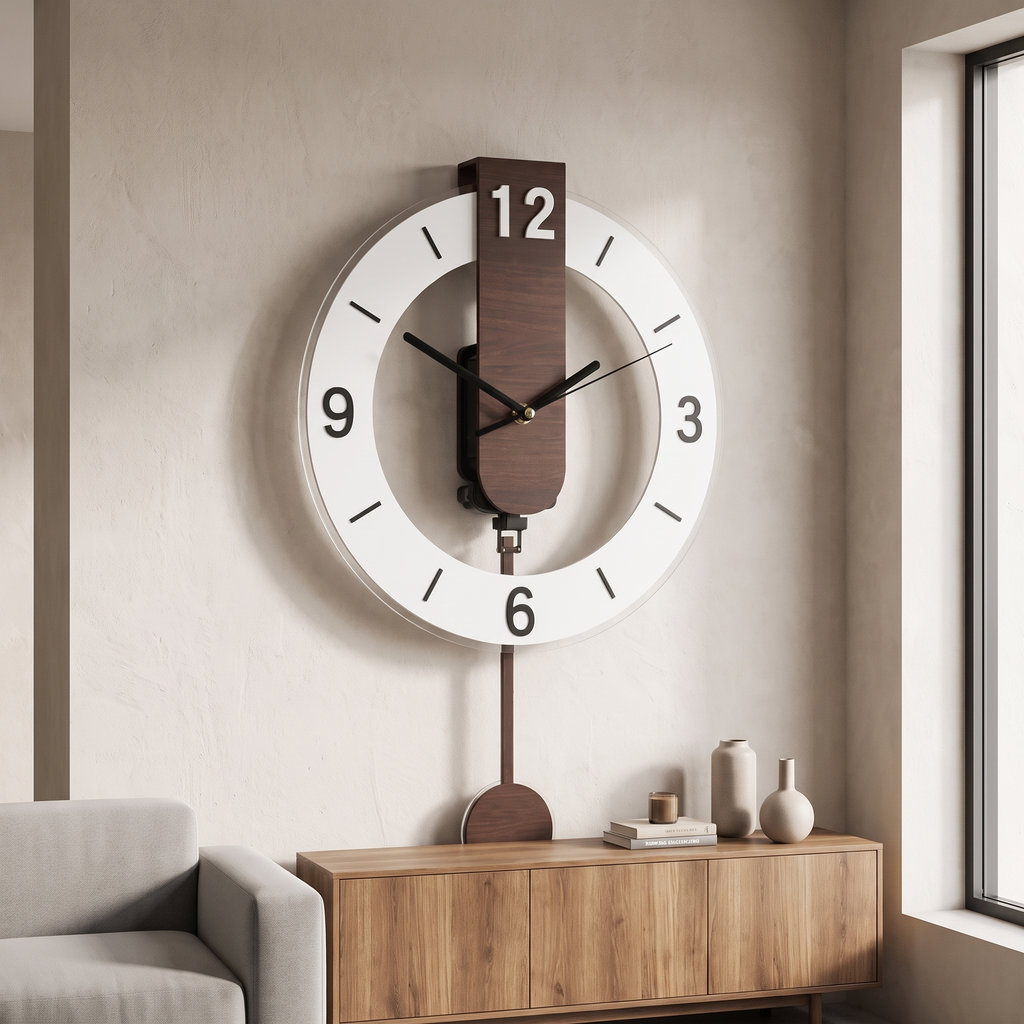 Mid-Century Silent Pendulum Wall Clock in a living space