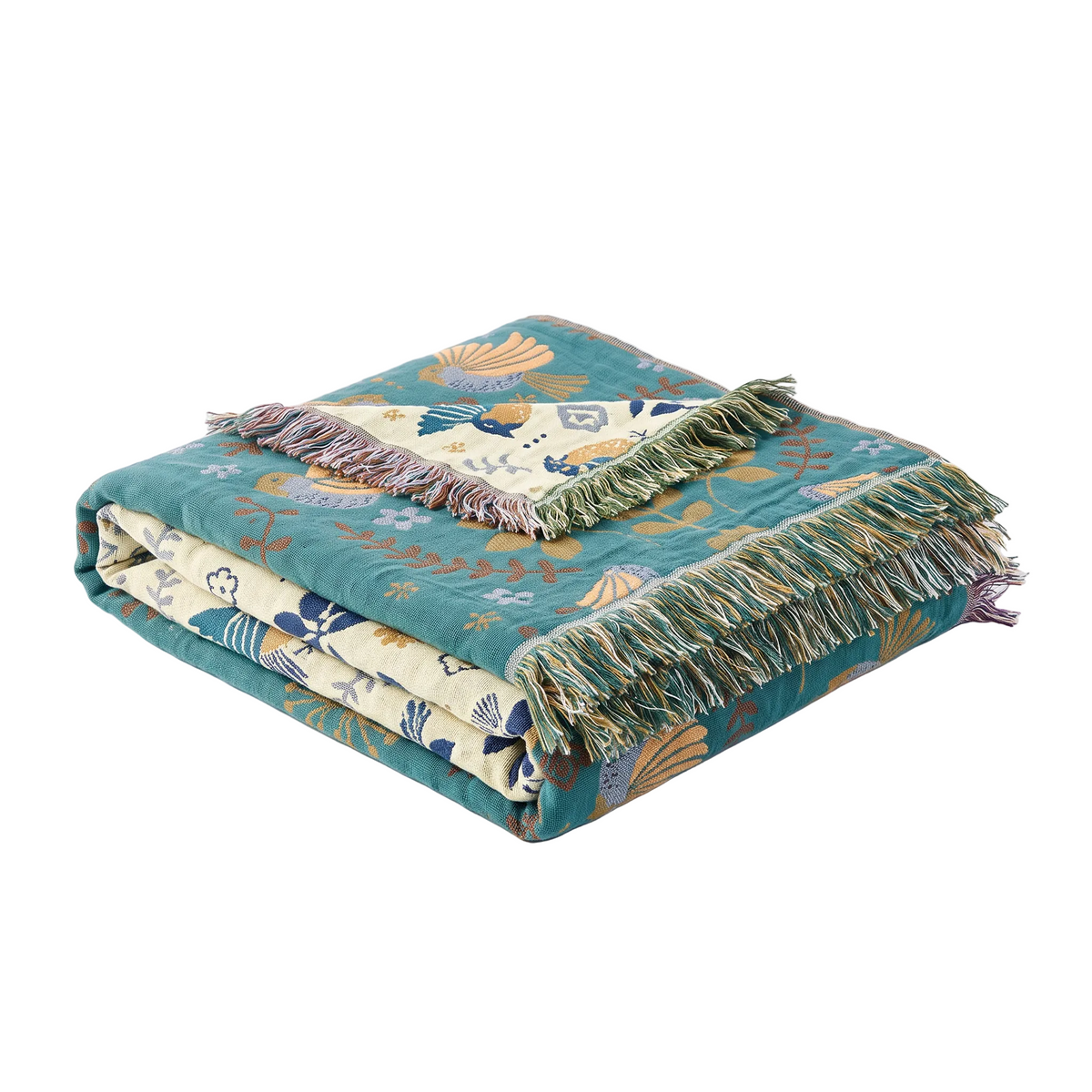 Scandinavian Bird Reversible Fringed Cotton Blanket