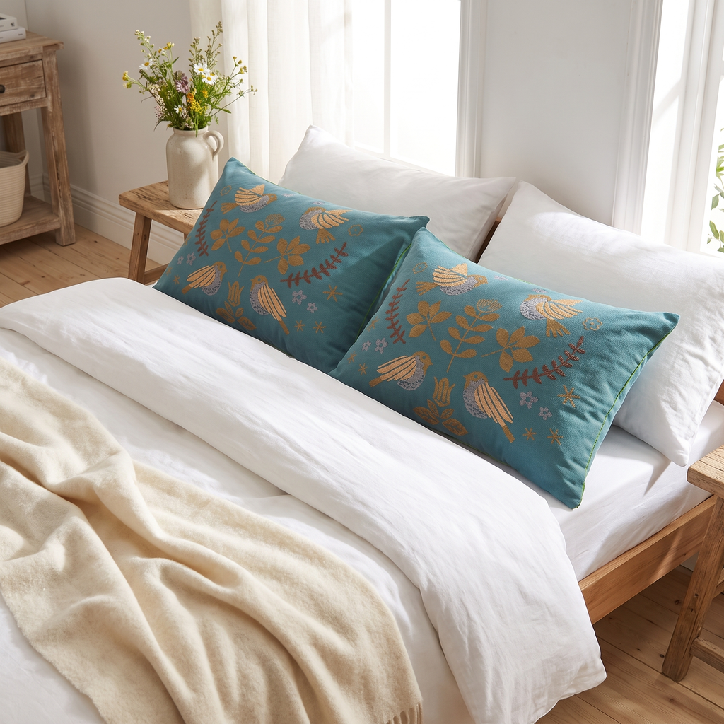 Jacquard Bird & Floral Cotton Pillowcase Set of 2 – lifestyle 1